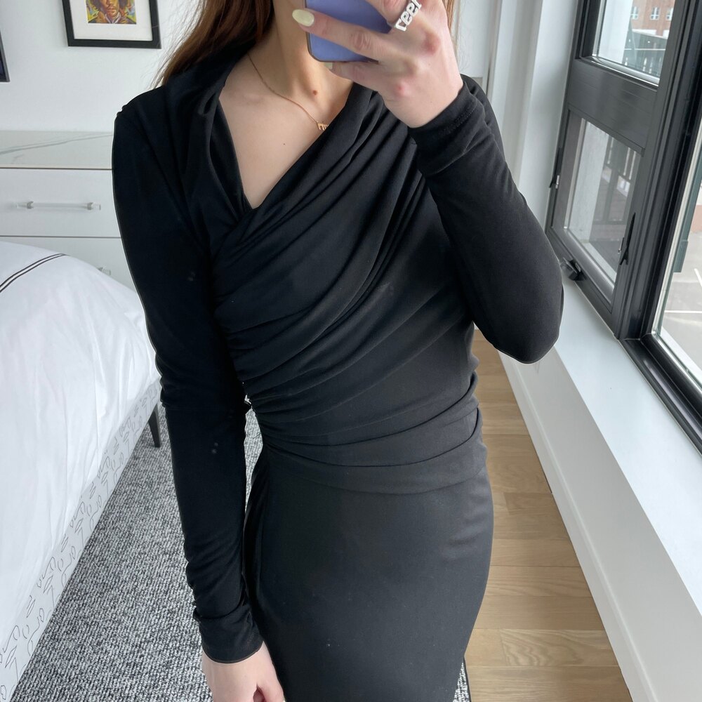 David Meister Asymmetrical Neck Sheath Dress Black 2 - Picture 2 of 7
